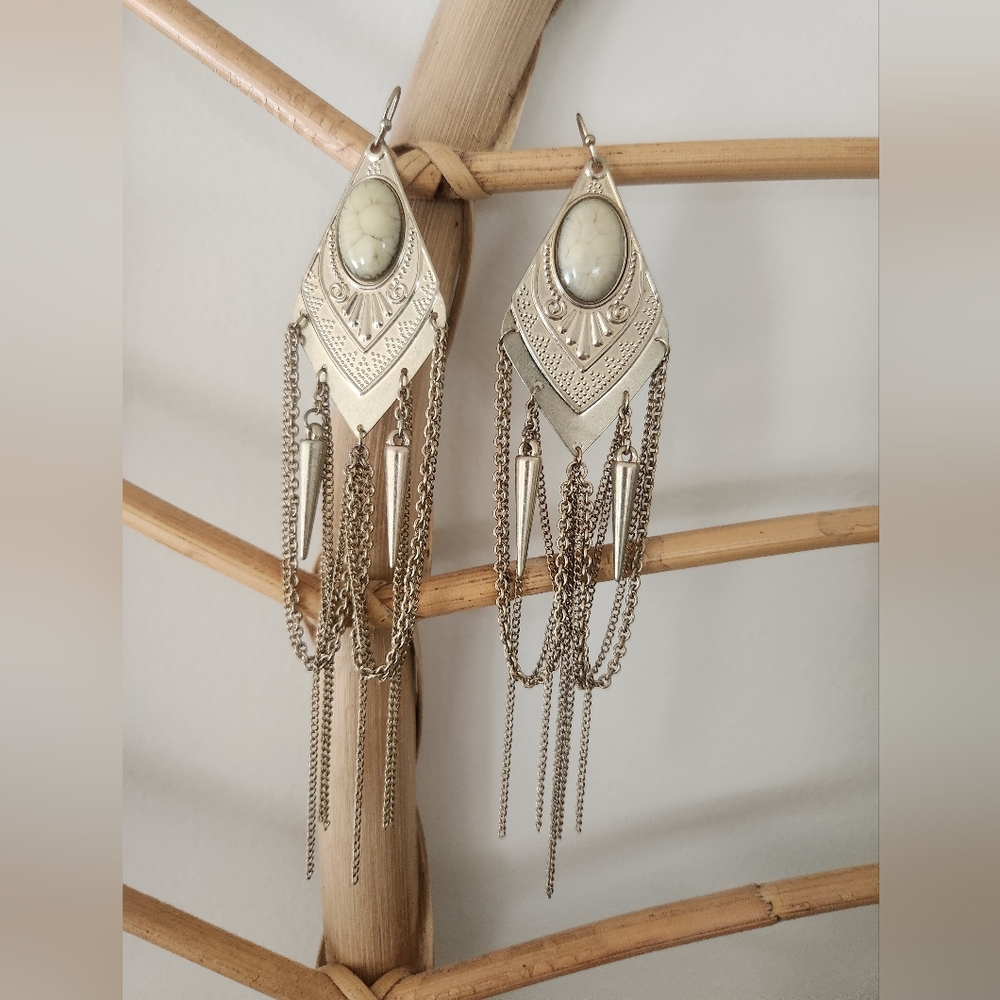 Gold statement drop earrings, stone accent, dangling chain and spikes, NIB